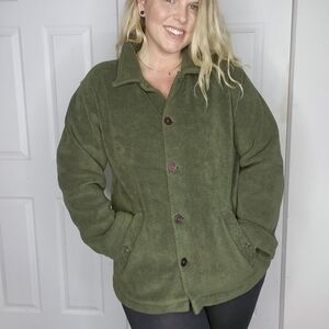 VINTAGE WEATHER SPIRITS KHAKI OLIVE GREEN FLEECE BUTTON DOWN SWEATER JACKET SZ L
